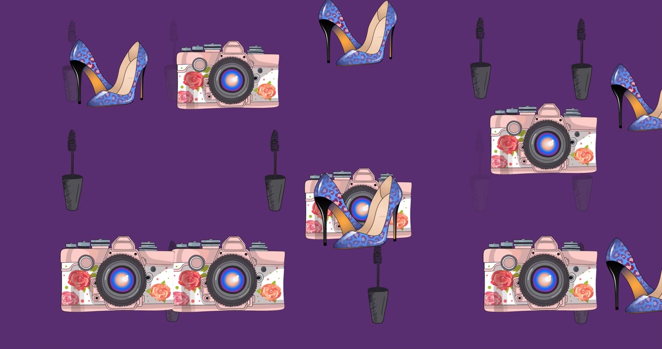 Animation of shoes and camera icons over purple background