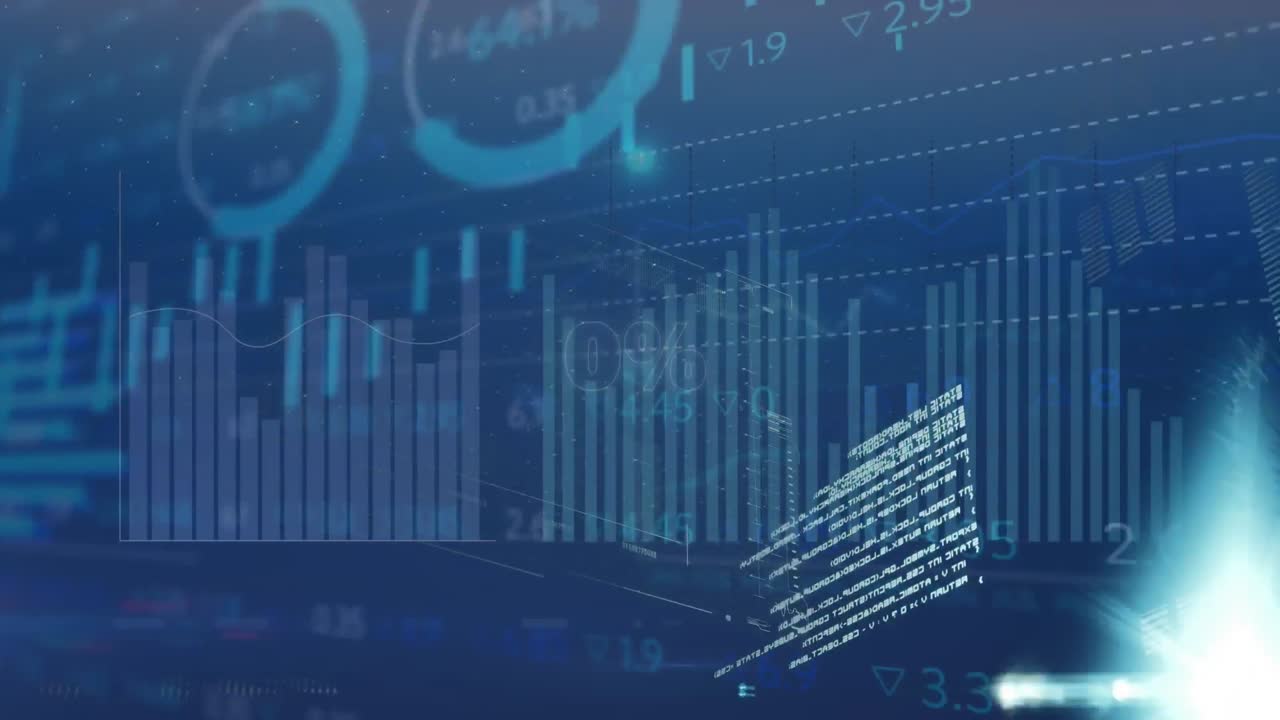 animación de la interfaz con procesamiento de datos y puntos de luz contra un fondo azul