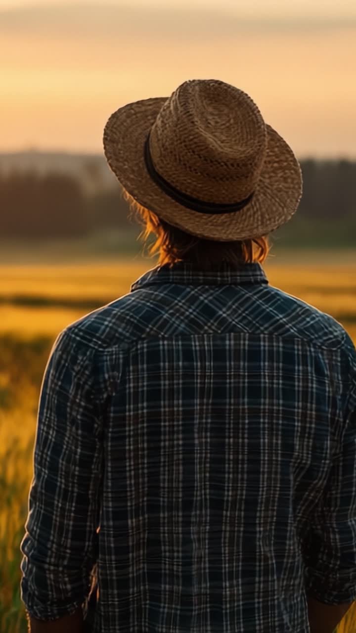 Un sereno paesaggio al tramonto con una figura in controluce che indossa un cappello di paglia e una camicia a quadri, catturando la calma della natura al crepuscolo.