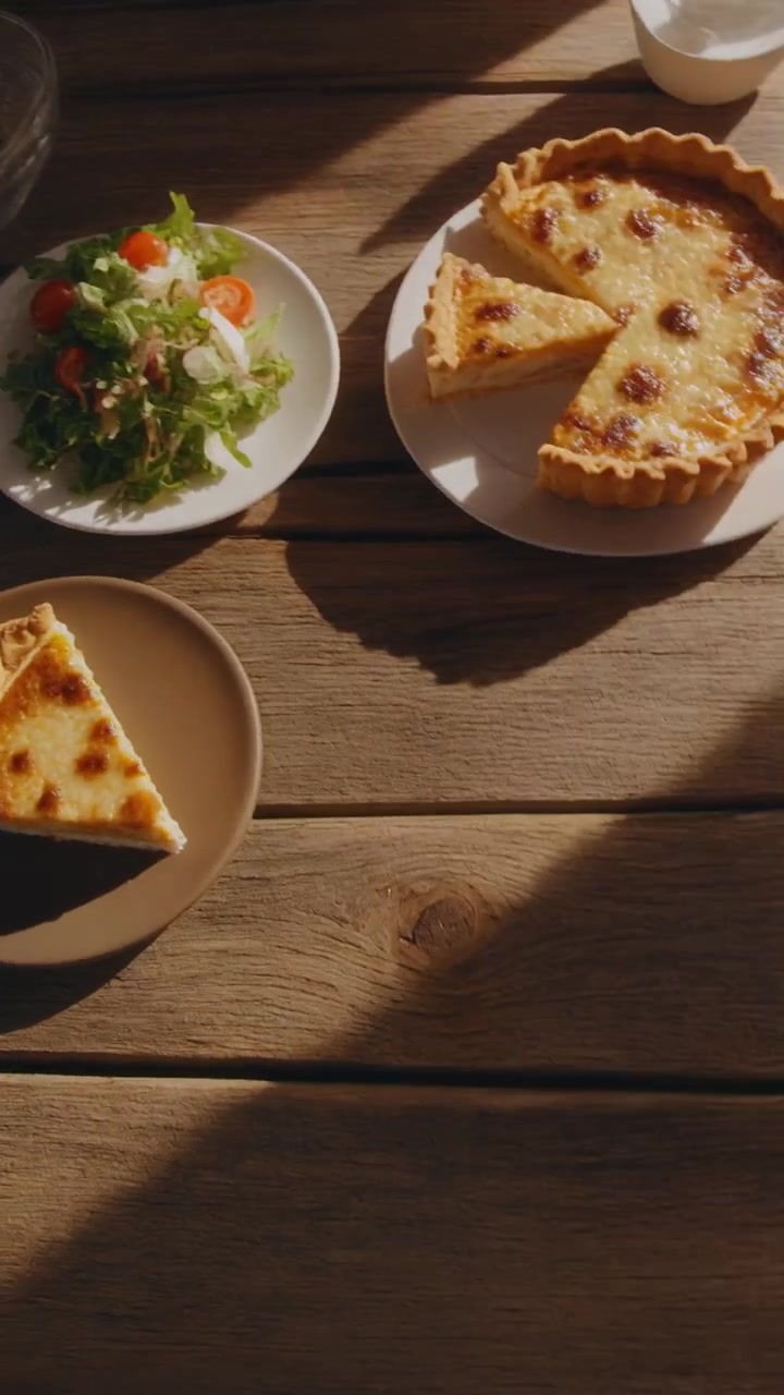 Vista dall'alto di quiche e insalata fresca su tavolo di legno