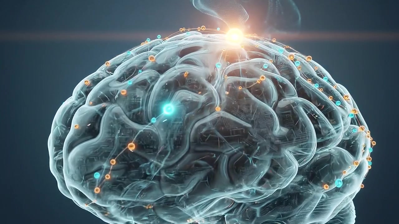 Futuristic Semi Transparent Brain Model Emitting Signal Pulses on Dark Background