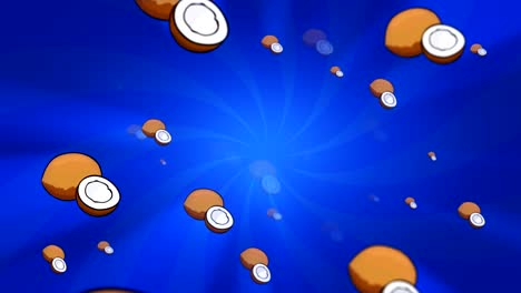 brown coconut slowly moving on the blue background. 3d seamless animation.