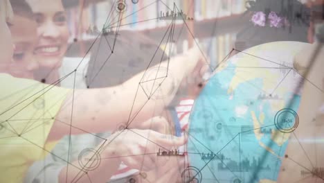 animation of networks of connections over diverse female teacher and schoolchildren reading globe