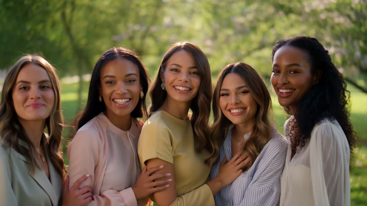 A diverse group of five smiling women in a sunny park