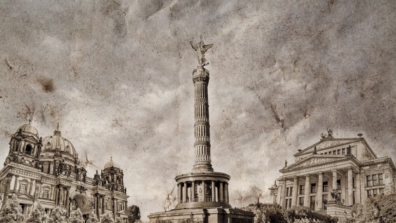 독일의 베를린의 랜드마크의 느린 동작 콜라지는 오래된 빈티지 은 종이와 구름과 함께 하늘 타임 스, 파랄락스 효과와 함께 창의적인 4k 비디오 루프 애니메이션.