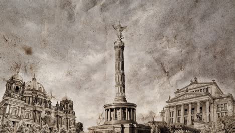 collage en cámara lenta de los puntos de referencia de berlín en alemania en papel viejo y vintage arrugado y el cielo time-lapse con nubes. animación de bucle de video 4k creativa con efecto de paralaje.