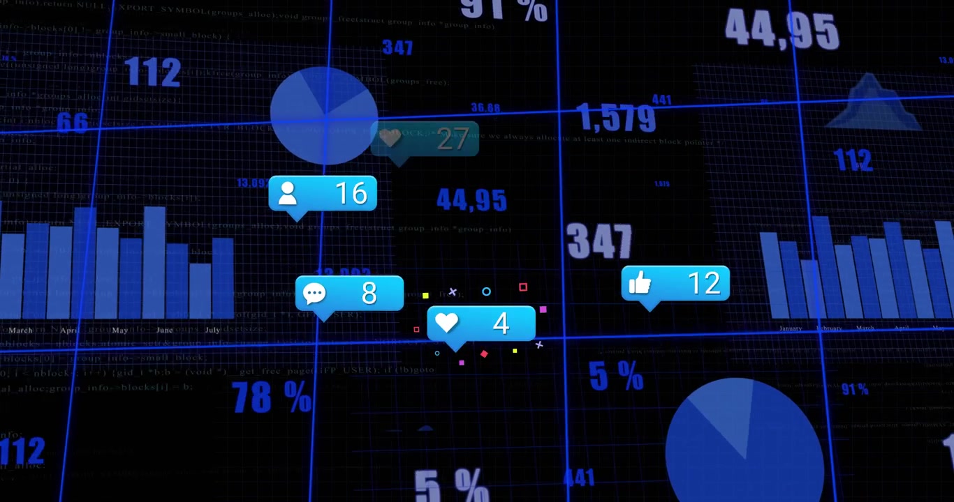 Analytics dashboard displaying dark charts with floating social engagement icons over blue grid