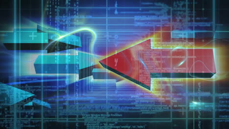 animation of arrows and data processing over neon shapes moving