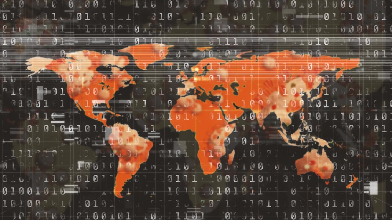 Animation of binary code over world map on black background