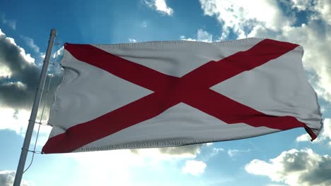 alabama flag on a flagpole waving in the wind in the sky. state of alabama in the united states of america