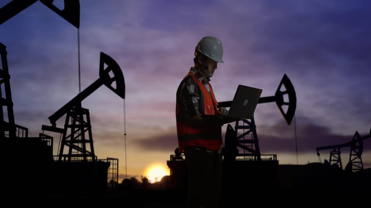 vista lateral de un ingeniero masculino asiático con casco de seguridad trabajando en una computadora portátil mientras está de pie frente a las bombas de aceite, durante la puesta o salida del sol