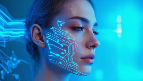 ai woman with glowing circuitry on face