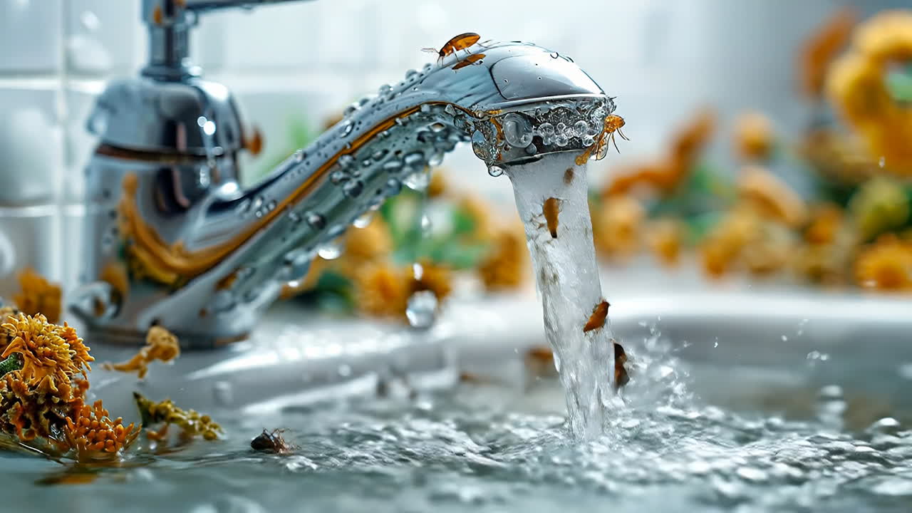 花々のそばを水が流れています。花が流し台の周りを囲み、台所に活気のある風景を作り出しながら、輝く蛇口から水が流れ出ています。