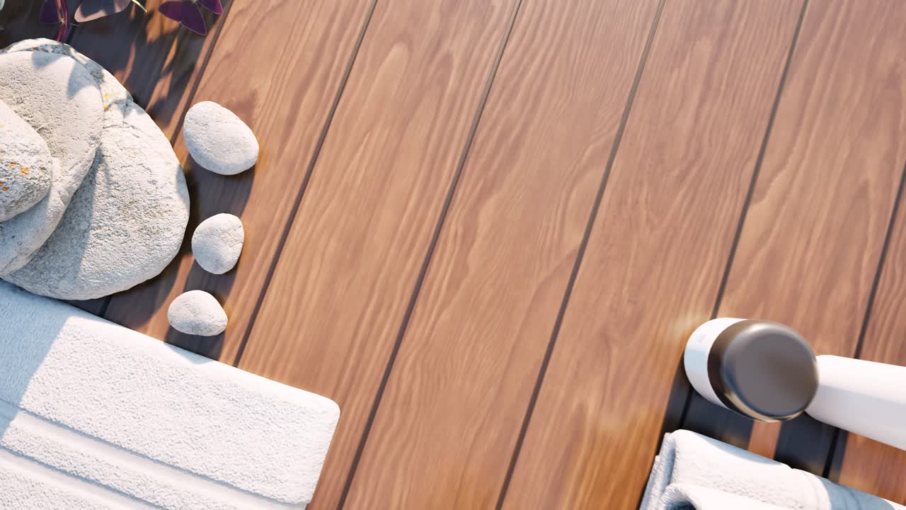 spa wellness setting 2 con flores, toallas, piedras curativas y cremas de tratamiento de spa en superficie de madera, durante el día, animación 3d, tratamiento de salón de spa, relajación