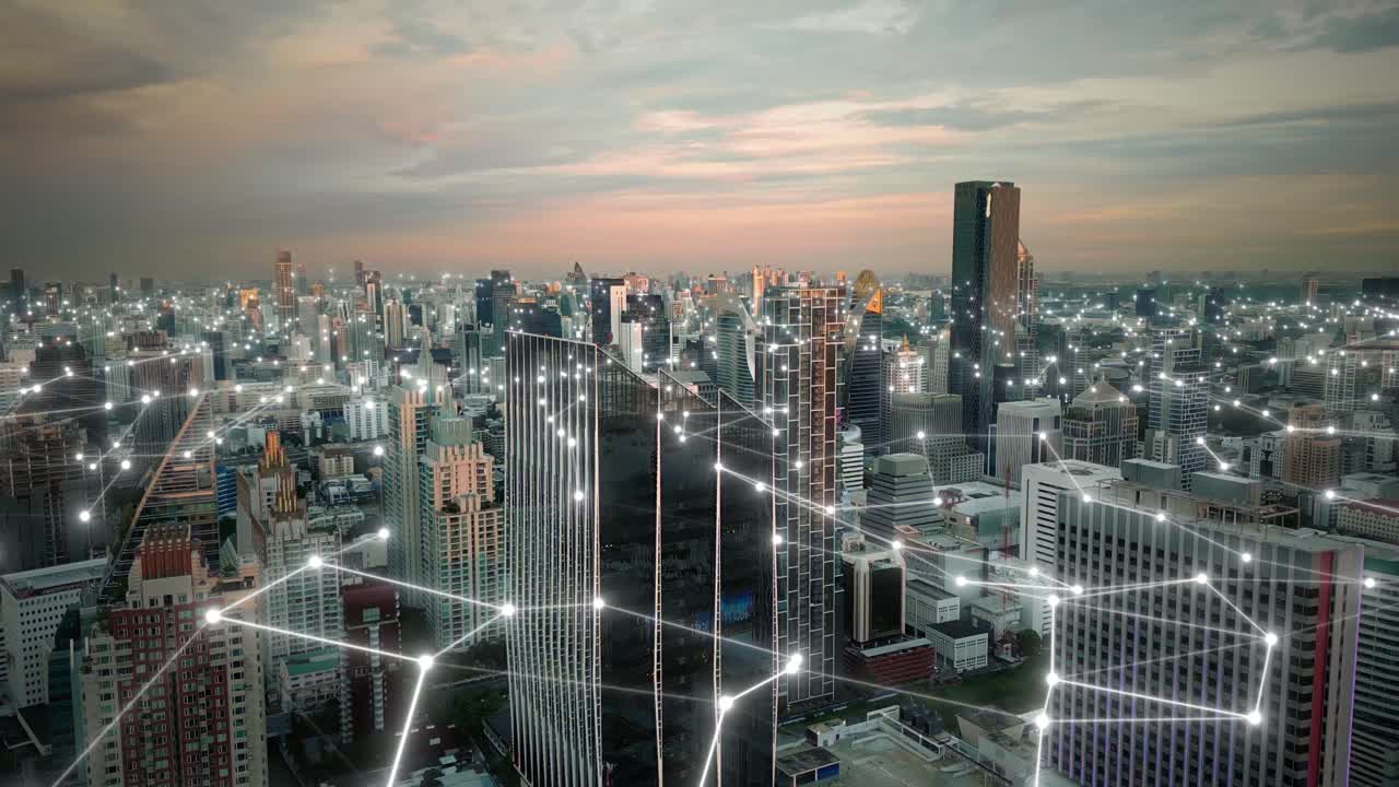 Smart City Network: Aerial View of Connected City at Sunset