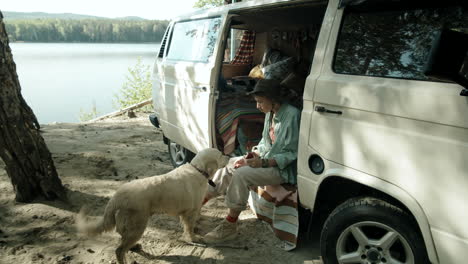 female tourist eating apple and feeding dog in camper van