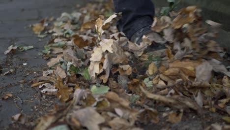 legs kicking autumn leaves on a pathway medium shot