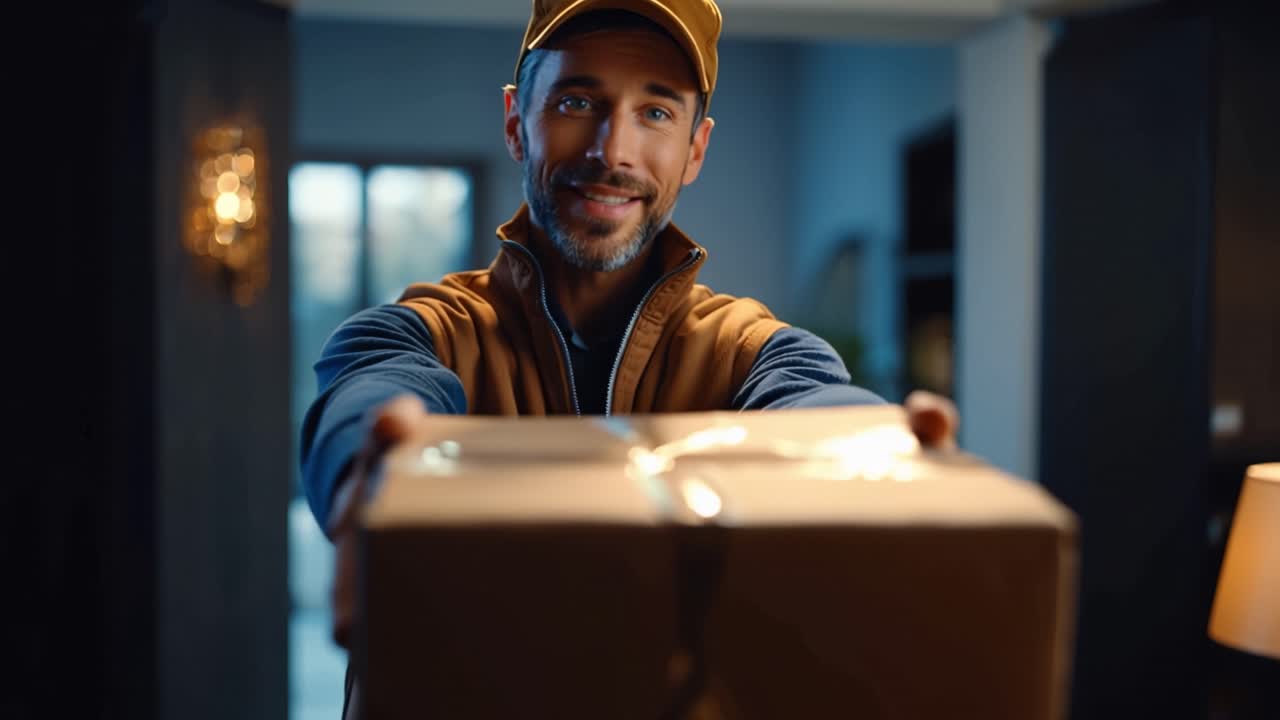 Un uomo sorridente consegna un pacco con cura, mostrando professionalità e cordialità in un ambiente interno caldo e accogliente.