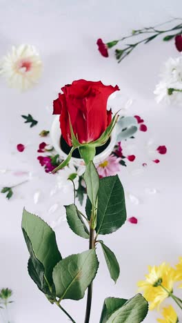 red rose with coffee and flowers arrangement