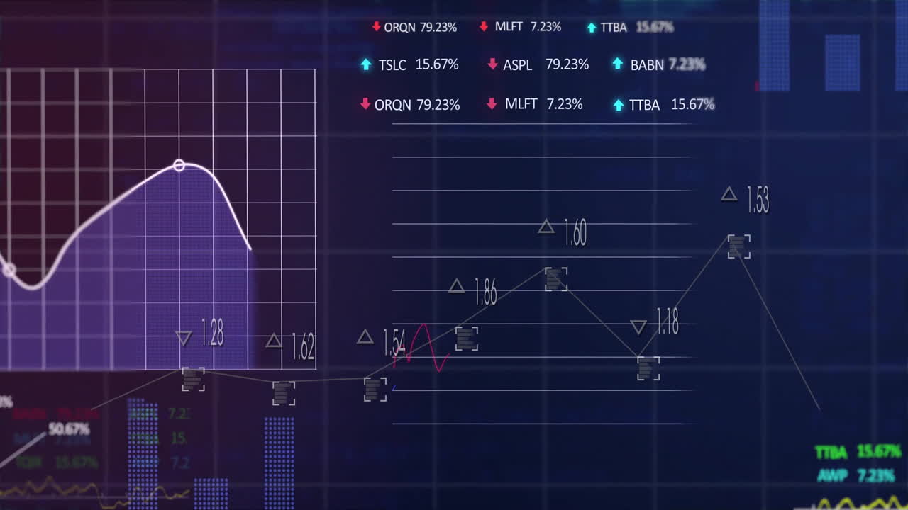 Animation of financial data processing on black background