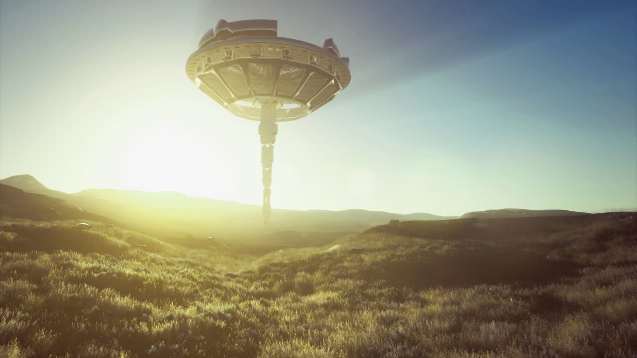 Mysterious alien ship hovers over a glowing landscape at sunrise