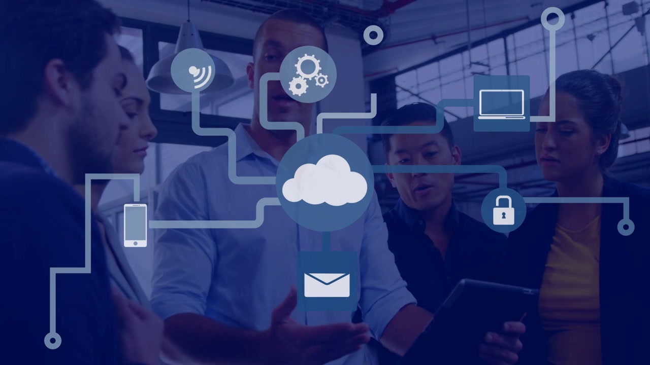 Team around lead holding tablet activating cloud overlay expanding for IT security