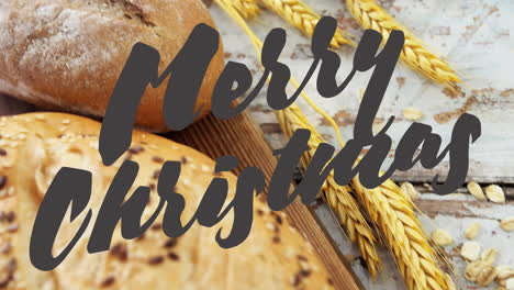 christmas animation with bread and wheat on rustic wooden table background