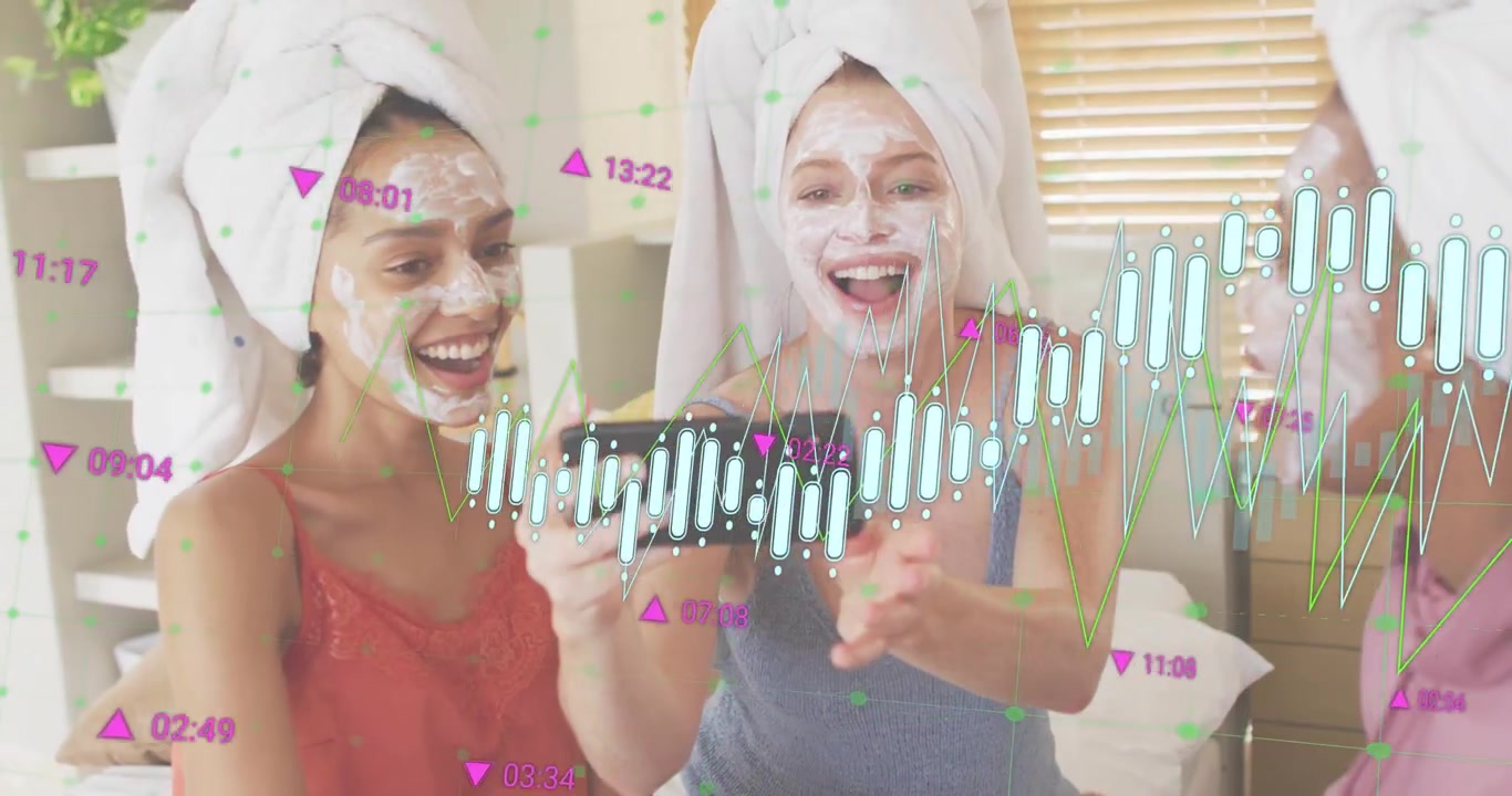 Tre amici che ridono si passano lo smartphone per immortalare un ricordo della spa mentre si spalmano una maschera facciale nella lounge