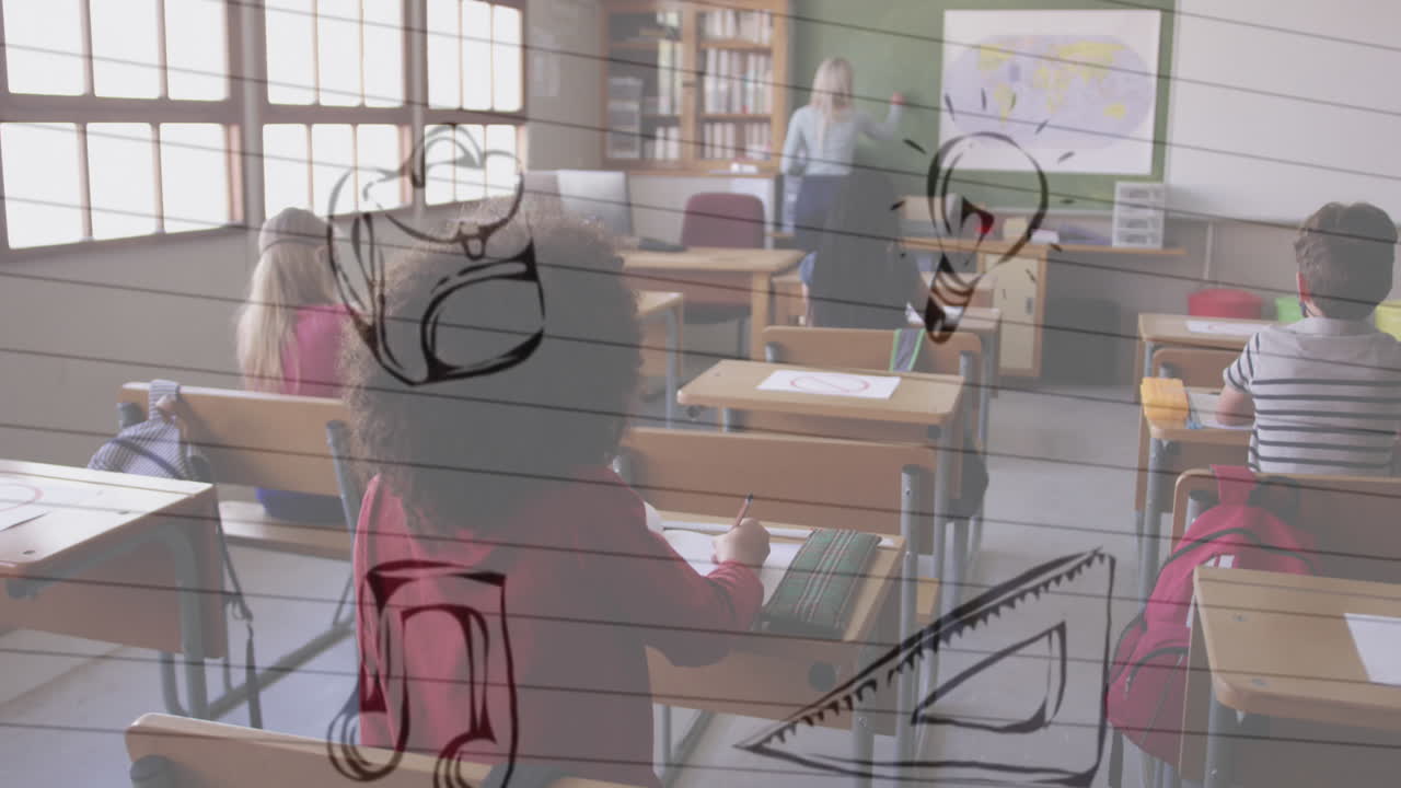 múltiples iconos de concepto escolar flotando contra el grupo de enseñanza de maestras de estudiantes en la escuela