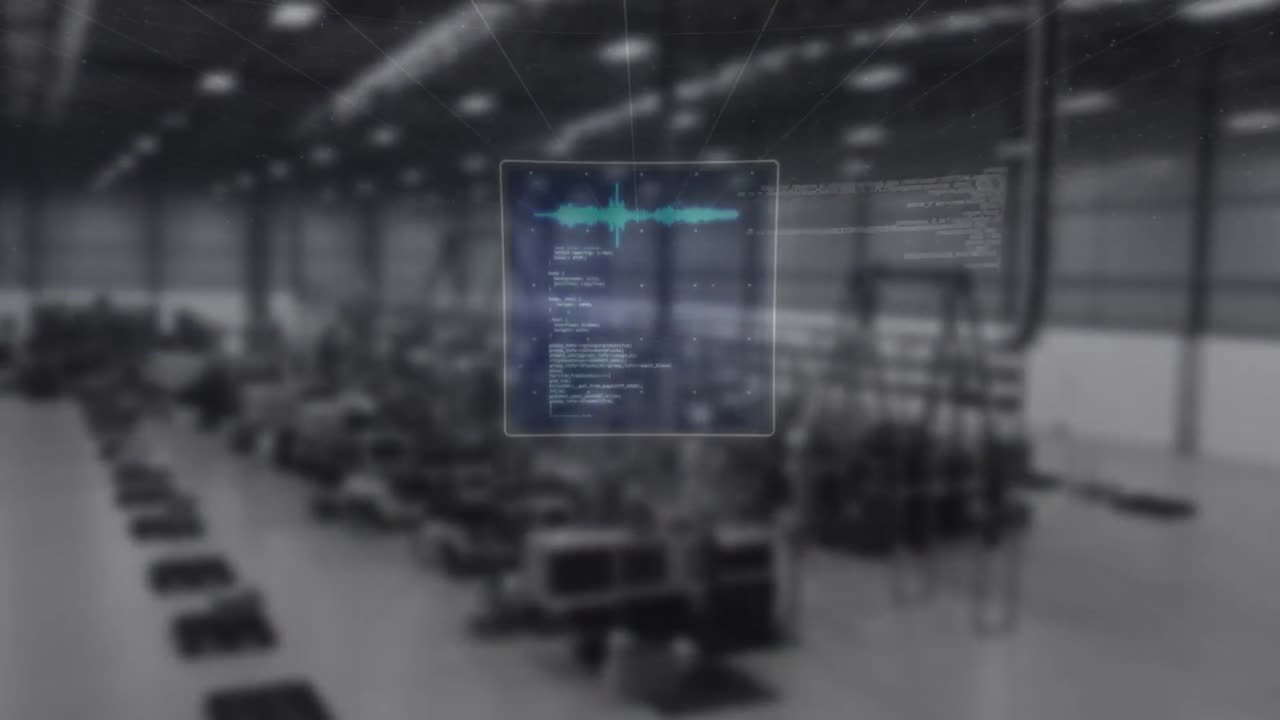 Animation of digital screen with diverse data over blurred warehouse ...