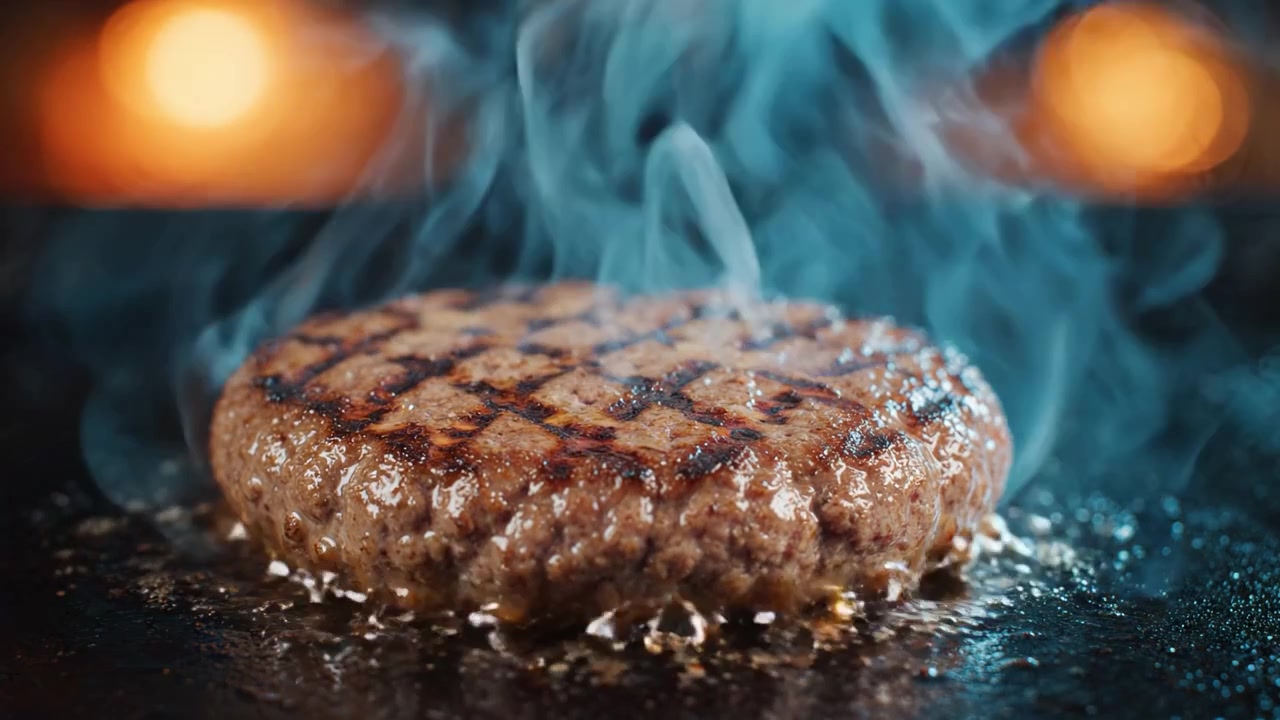Close-Up Cooking Process of a Juicy Burger Patty on a Griddle with Sizzling Sounds and Smoke Emitting to Enhance Flavor and Texture in a Flavorful Atmosphere