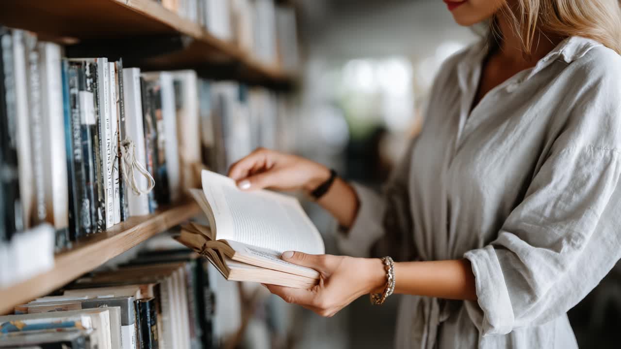 A Woman Engaging with a Book in a Library, Illuminated by Soft Natural Light, Emphasizing the Joy of Reading and Exploration in a Cozy Atmosphere