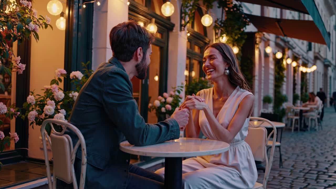 Romantic evening video scene with a couple holding hands at a cafe. Shot from a side angle, warm