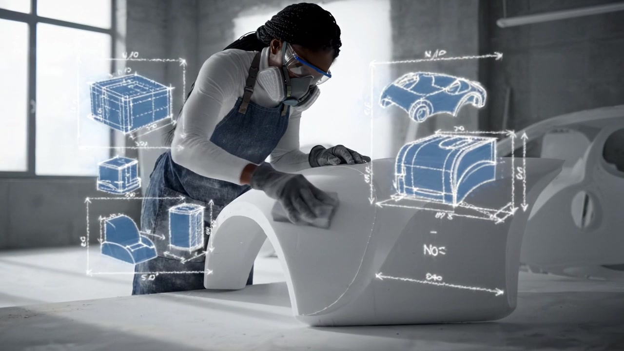 Innovative Woman Sculptor Carving Automotive Prototype in Workshop: Blending Technology and Artistry with 3D Designs and Craftsmanship in Modern Environment