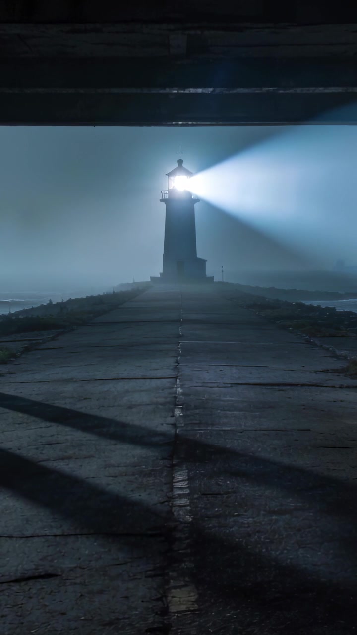 Video verticale: Lanterna rotante di un faro che proietta un fascio di luce attraverso un molo nebbioso, guidando le imbarcazioni.