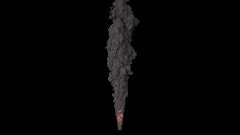 una poderosa antorcha de fuego con humo rizado negro. fuego y humo, como si un motor de avión o cohete estuviera quemando combustible. fuego con humo negro en un fondo aislado con un canal alfa, explosión de combustible.