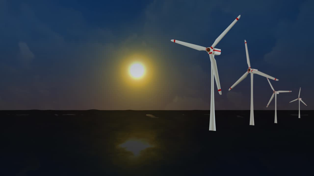 Wind turbine farm power generator in nature landscape for production of renewable green energy is