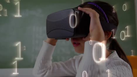 Animation-Der-Binären-Codierungsverarbeitung-über-Einem-Schulmädchen,-Das-Ein-VR-Headset-Verwendet