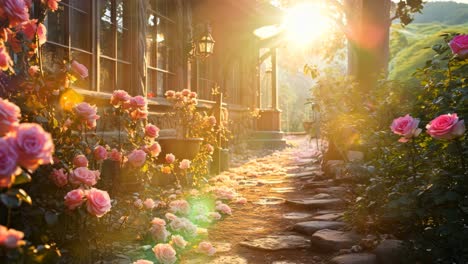 beautiful roses line a charming pathway at dawn near a cozy cottage