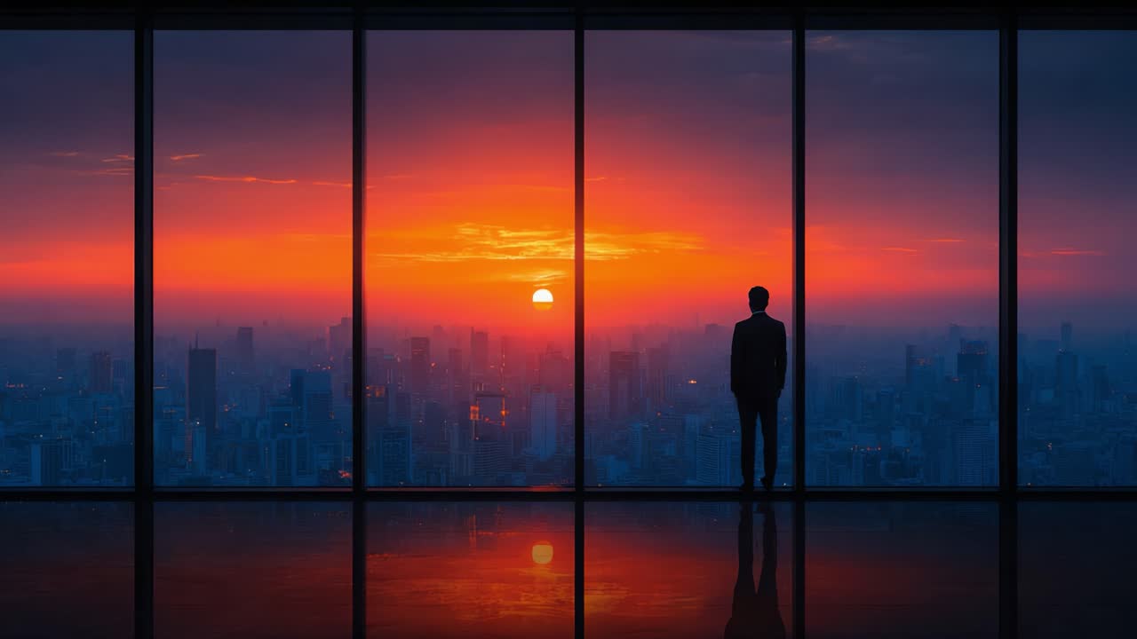 A Contemplative Figure Silhouetted Against a Vivid Sunset Over a City Skyline, Reflecting on Life's Journey While Standing in a Modern Office Setting