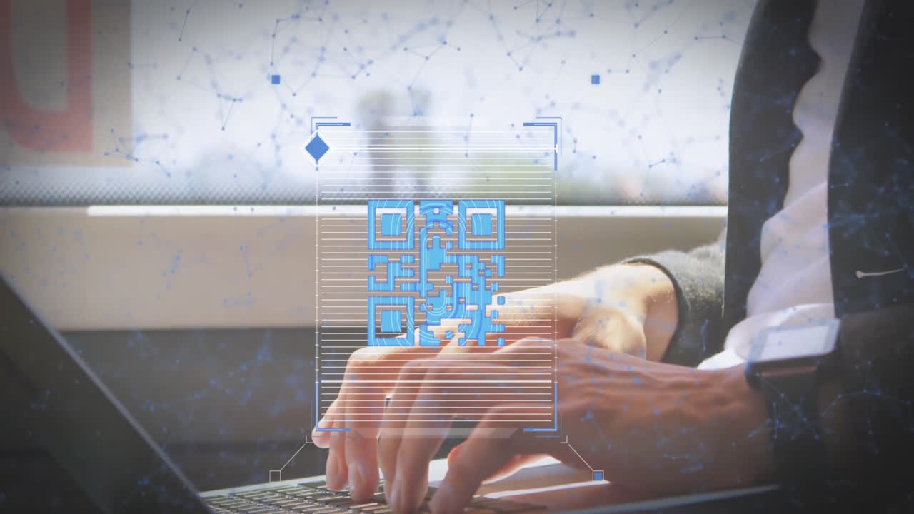 Animation of network of connections with qr code over caucasian man using laptop