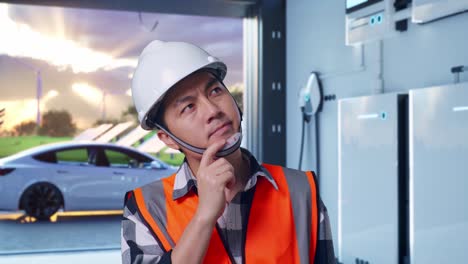 close up of asian male engineer with safety helmet thinking and looking around then raising his index finger while standing with home energy storage system in a modern garage