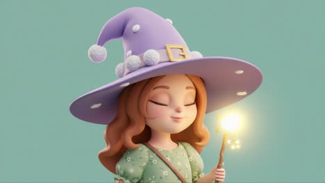 charming young witch casting magic with a star wand, surrounded by sparkling glows in a whimsical animation style