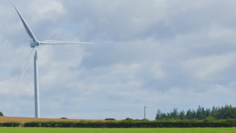 a large wind turbine steadily spins on open farmland bordered by trees, captured in daylight with soft, diffuse natural lighting and a stationary wide shot
