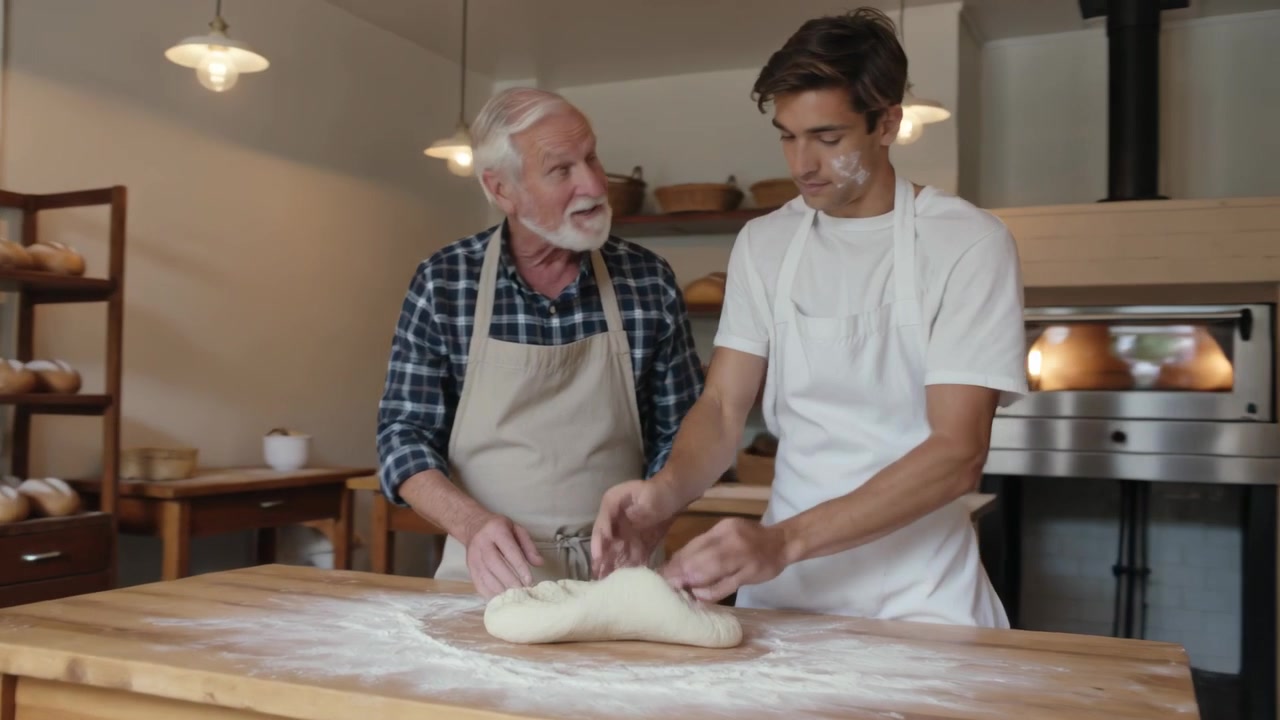 Padeiro sênior orientando aprendiz de aventais, sovando massa em pão sobre mesa enfarinhada na padaria