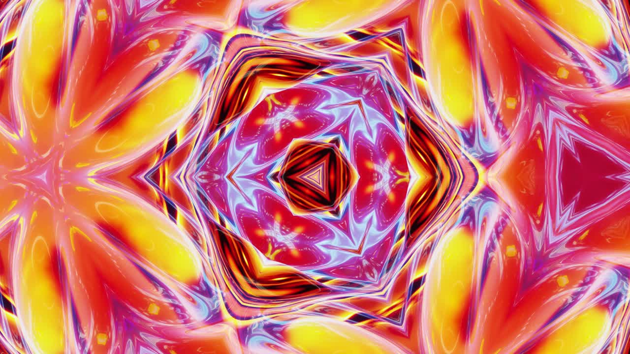 líquido rojo amarillo naranja patrón simétrico como caleidoscopio con ondas. 3d elegante bucle abstracto bg, estructura ondulada de vidrio líquido brillante con hermosos colores de gradiente. 4k