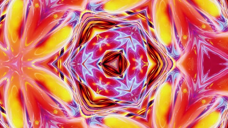 Liquid red yellow orange symmetrical pattern like kaleidoscope with waves. 3D stylish looped abstract bg, wavy structure of brilliant liquid glass with beautiful gradient colors. 4k