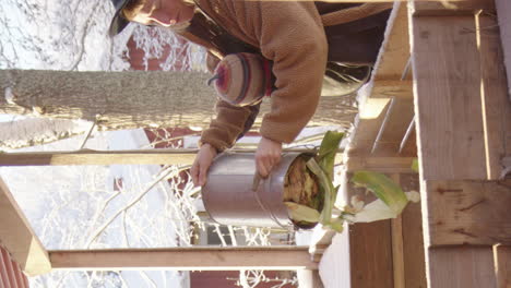 VERTICAL---a-mother-with-child-in-sling-empties-compost-bucket-in-a-snowy-scene