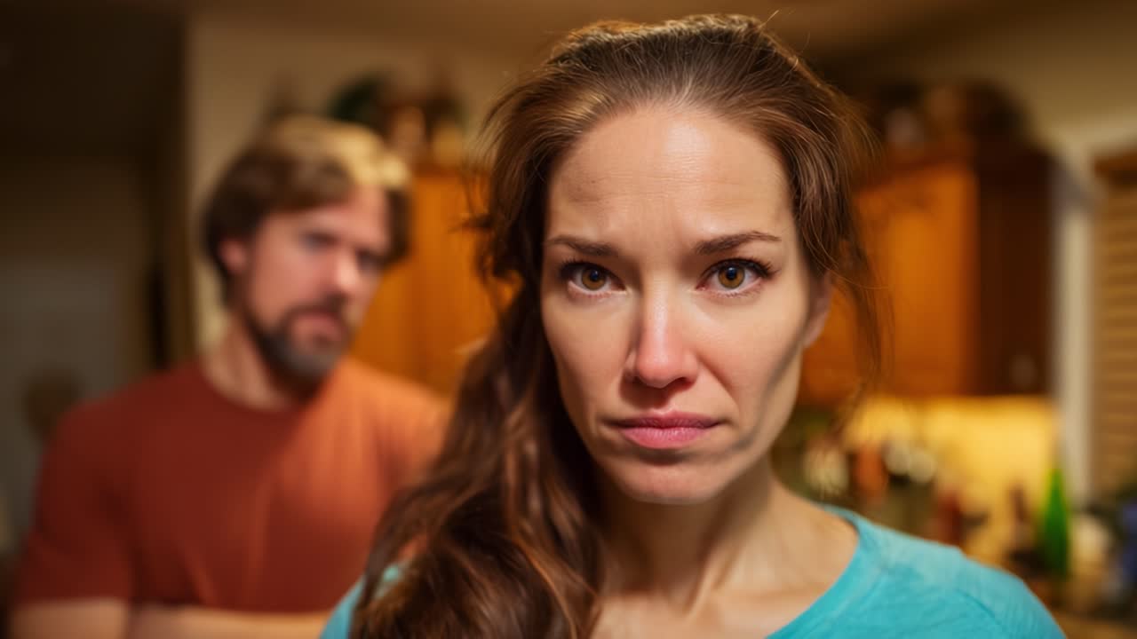 Emotional Conflict in Domestic Setting: A Close-up Portrait of a Woman Deep in Thought, With Tension and Anxiety Evident as She Faces Off with a Partner in the Background