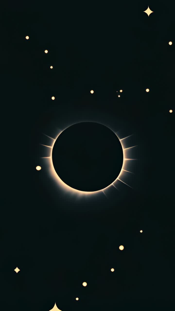 Vertical video: Starting eclipse core radiating rays pulsing corona in space, drifting dots, stars